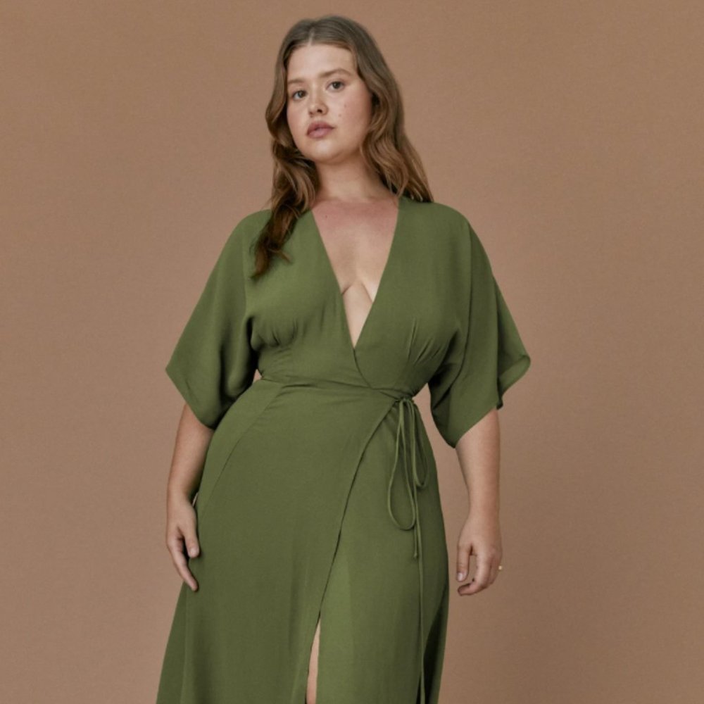Reformation Karen Dress in Moss Wrap Midi Dress